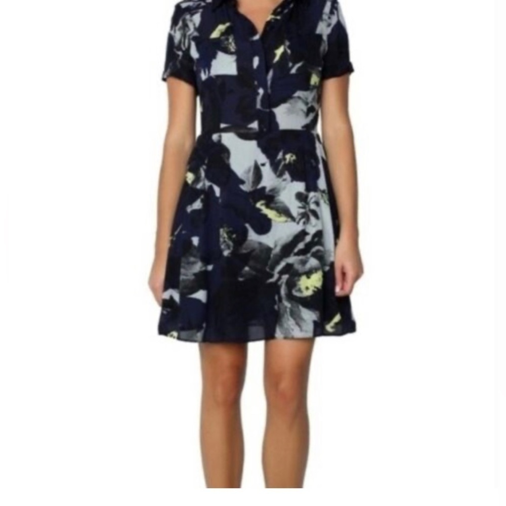 Parker Arcadia navy blue floral silk short sleeve shirt dress small